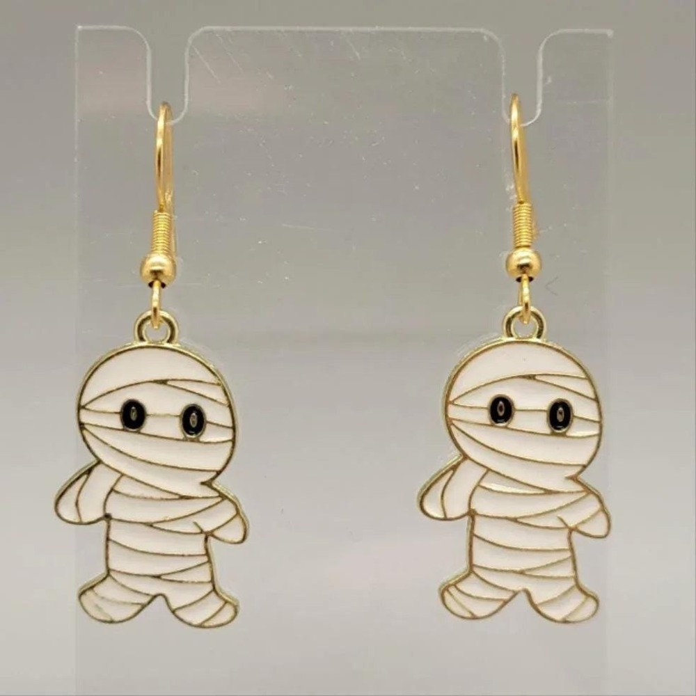 Mummy Earrings, Dangle, Stainless Steel, Halloween Jewelry, Spooky Gothic, Charm